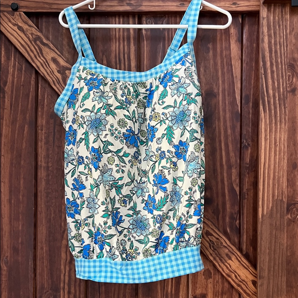 Lands' End Blue and Cream Floral Swim chlorine resistant blouson tankini